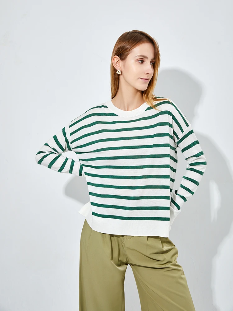 

Women Color Spliced Stripes Sweater Drop Shoulder Loose Elegant Knit Pullover Soft Stretch Spring Autumn Winter Jumper