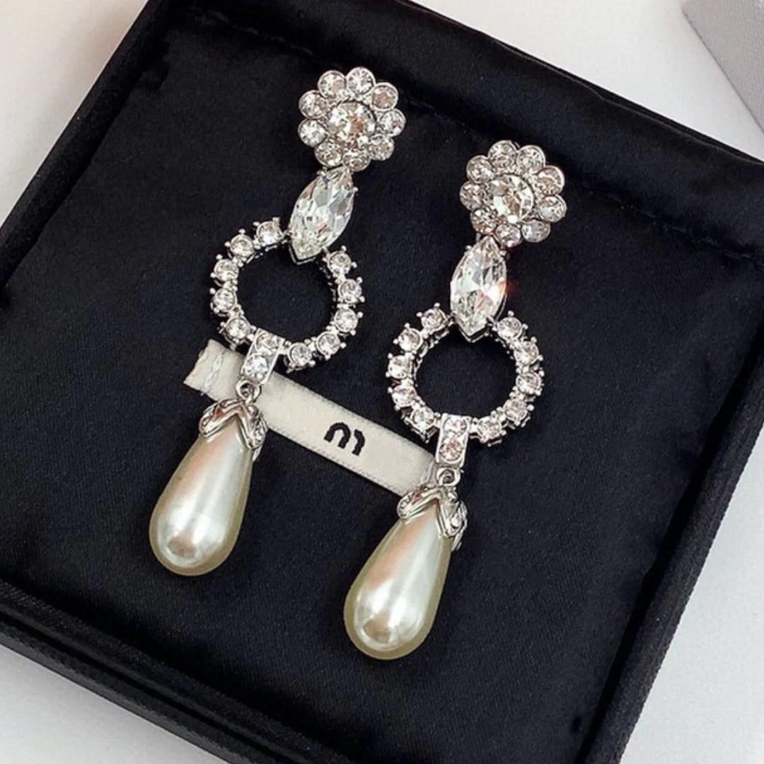 

New crystal pearl drop earring sunflower fish bone water drop design shiny high-end luxury ladies earrings girl gift jewelry