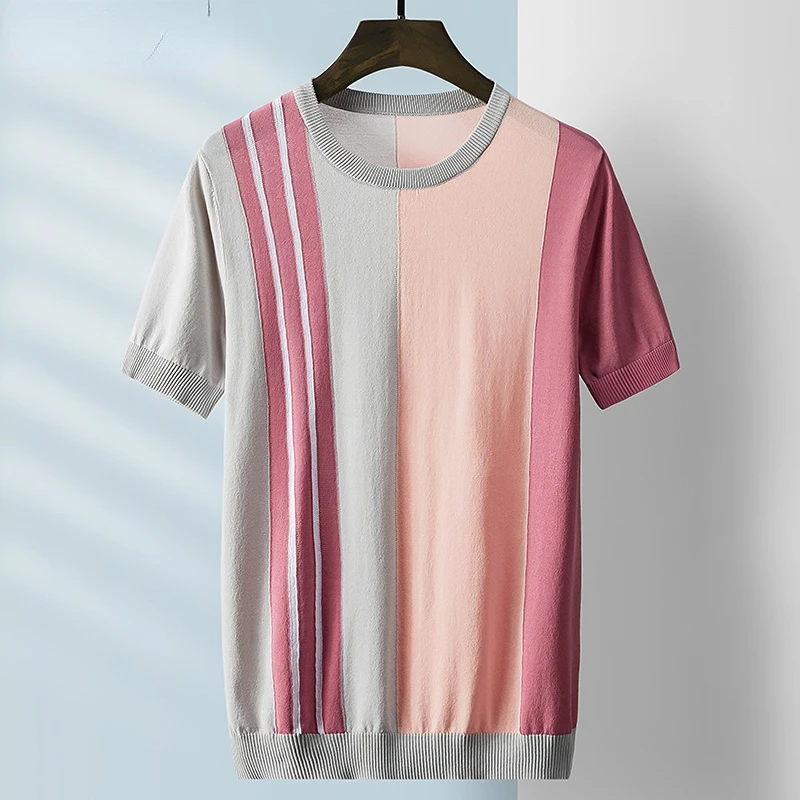 

2022 Men Summer New Ice Silk Short Sleeve T-shirt Men's Slim Striped Sweater Pullover Tops Men's Knitted Round Neck Tees G165