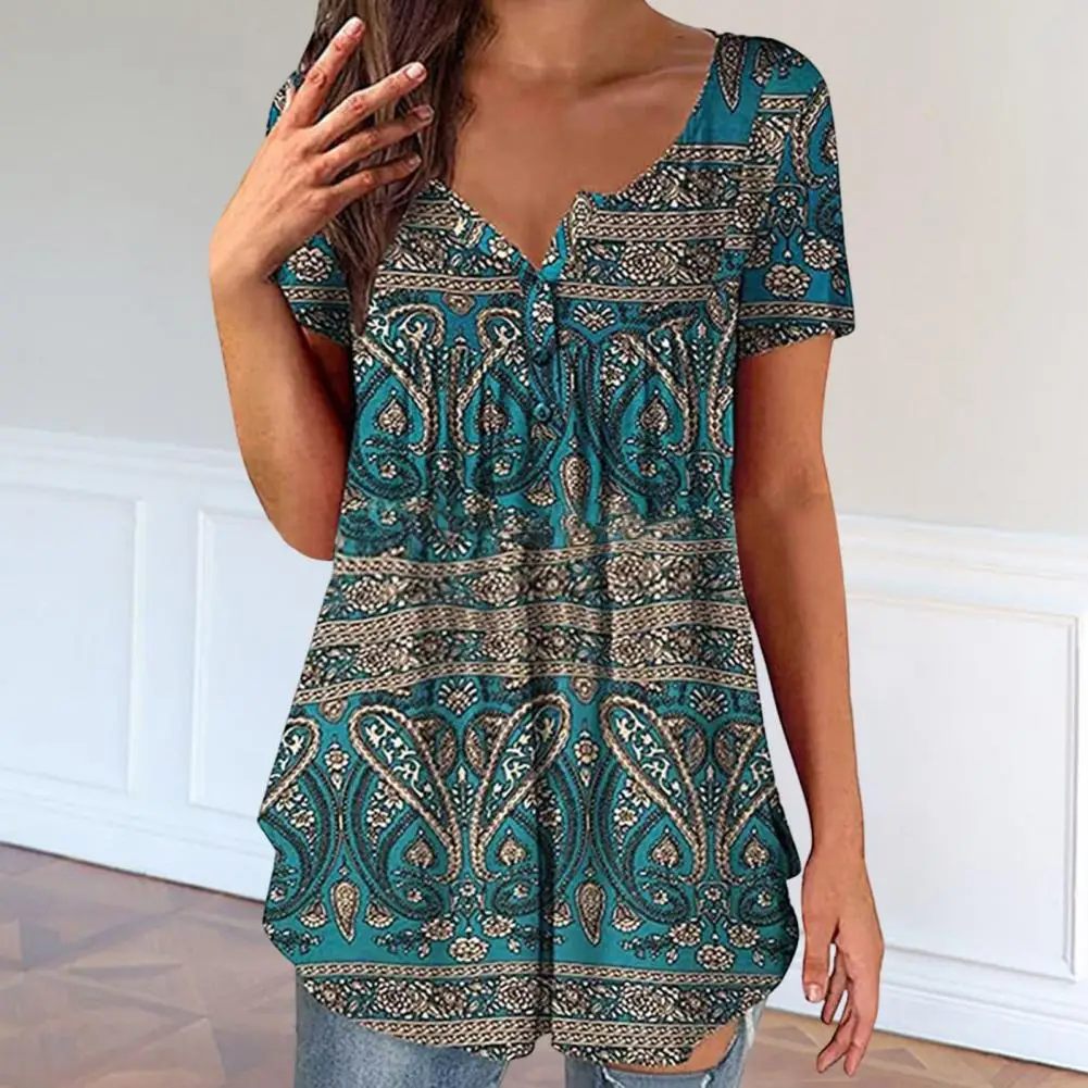 

Trendy Casual Top Buttons Up Sweat Absorbing 3D Cutting Loose Hem Printing Tee Shirt
