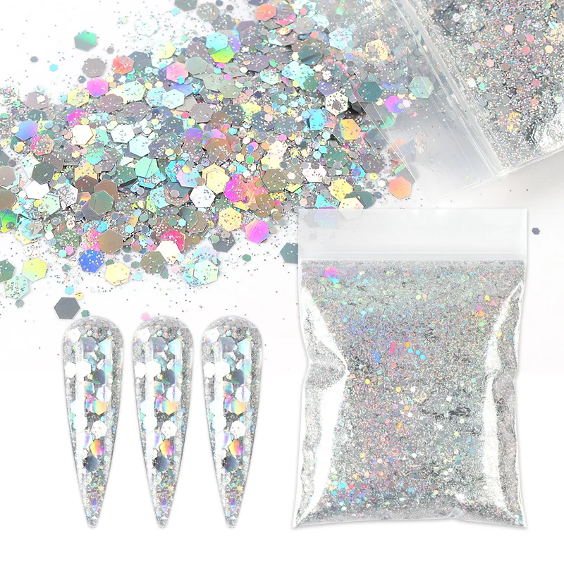 10G Mixed Holographic Silver Chunky Glitter Hexagon Colorful Nails Sequin Powder for Gel Nail Polish Epoxy Resin DIY Accessories