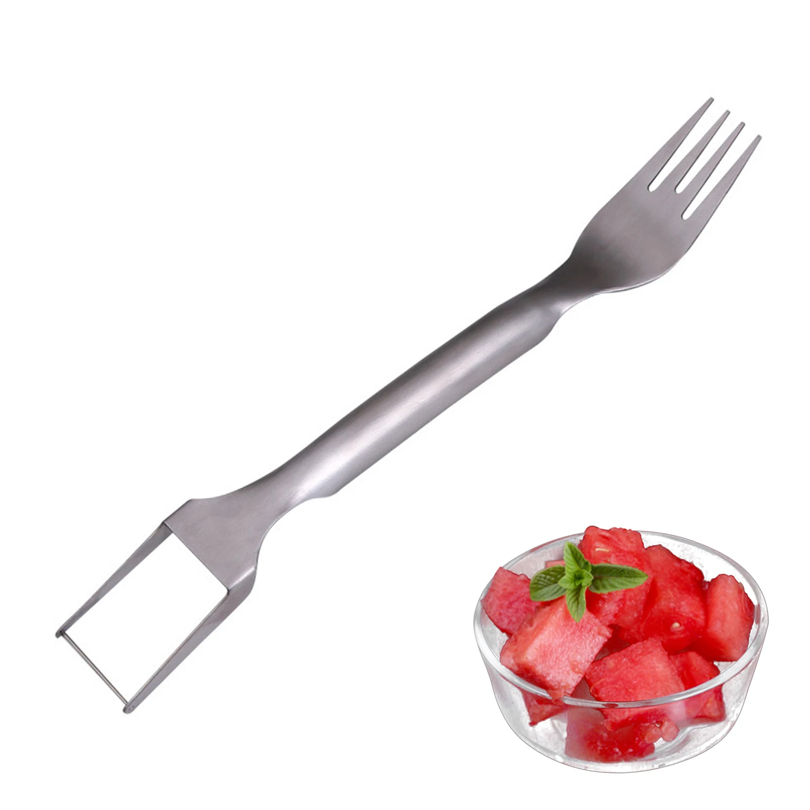 

2 In 1 Watermelon Fork Slicer Doublefunction Stainless Steel Fruit Cutter Kitchen Gadget For Fruit Cake Bread Cube Cutting Tool