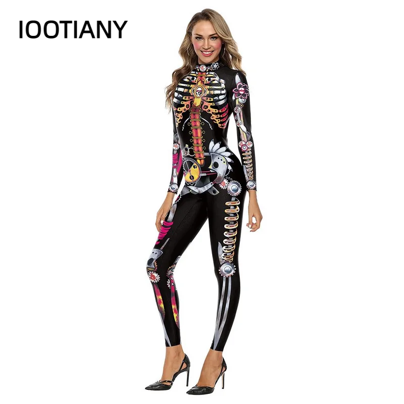 IOOTIANY Punk Style Steam Skeleton Pattern Print Sexy Women Jumpsuit Cosplay Costumes Skinny Fashion Party Bodysuit monos mujer