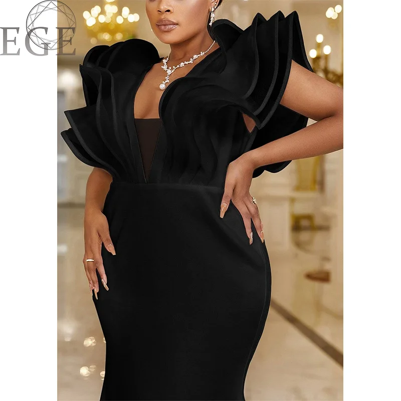 Plus Size Ruffle V Neck Luxury Evening Gown Backless Maxi Black Sexy 4xl 5xl Elegant Trim Mermaid Luxury Dress