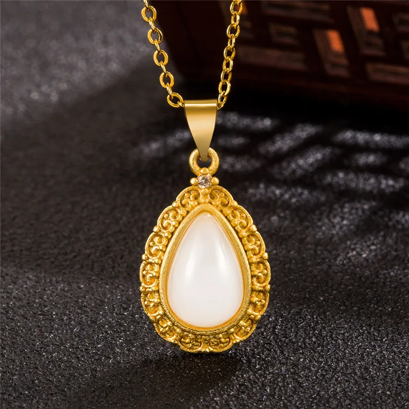 Женская позолоченная Ретро резная форма капли воды инкрустированная нефритовая