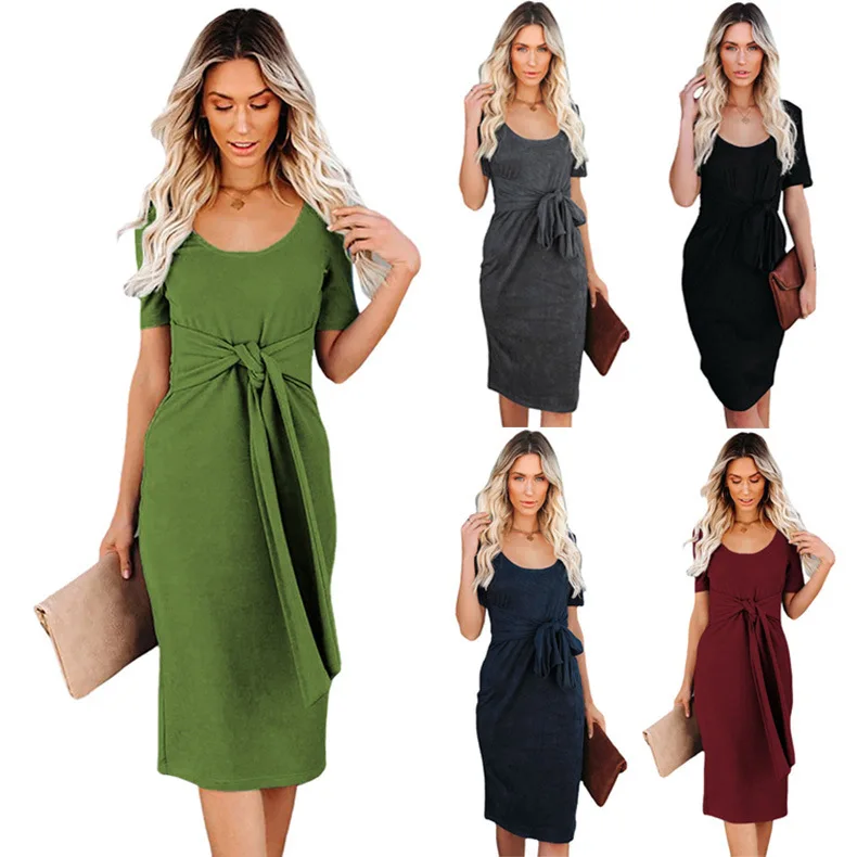 

Women's Basic Crewneck Belted Office Dress Solid Color Short Sleeve Party Slim Dress