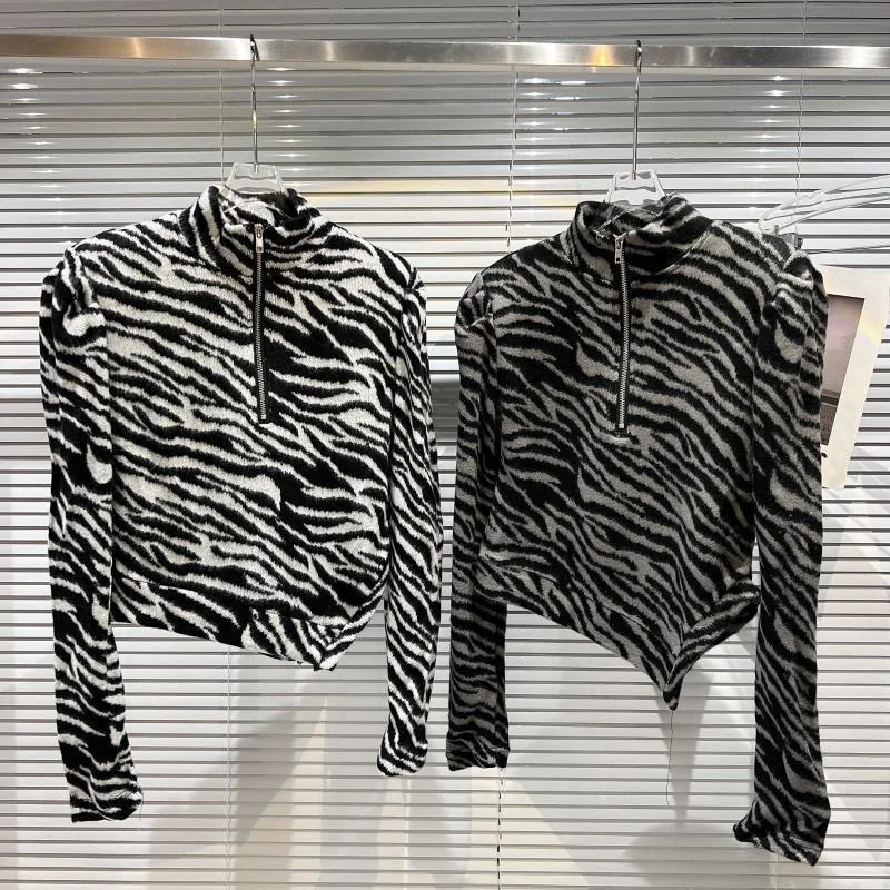 

2022 Winter Women Zebra Striped Jacket Slim Stand Collar Zipper Knitted Coat Shirt Women High Street Outerwear