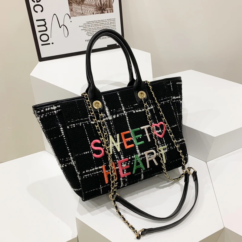 

Knitted Canvas Large Capacity Tote Women Handbags Designer Brand Pu Leather Chain Shoulder Bag Luxury Big Shopper Bag Purse 2022