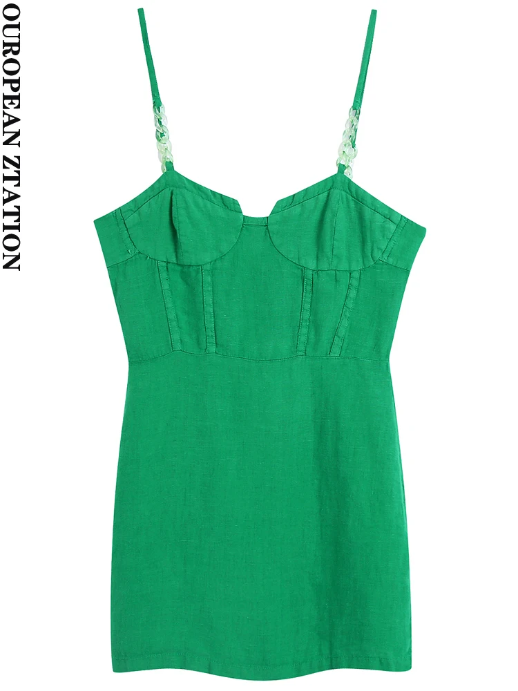 

PAILETE Women 2022 fashion with chains thin straps green mini dress vintage v neck backless zipper female dresses vestidos mujer