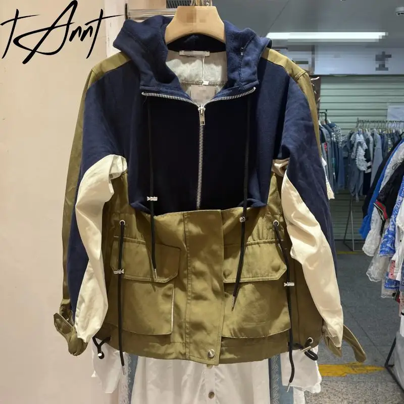 

Tannt Women Coat Color Matching Patchwork Hooded Oversize Winter Jacket Asymmetry Fake Two Winter Jacket Coats For Women 2023