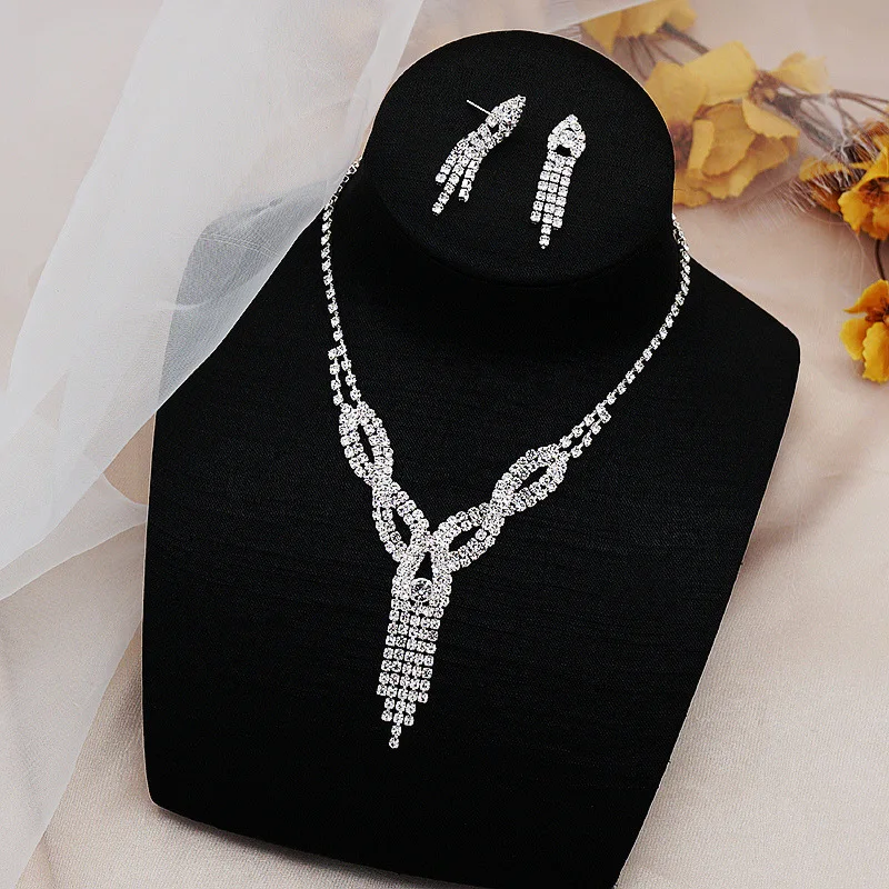 

New European and American Necklace Earrings Set Diamond 2-piece Set Full of Flash Diamond Tassel Necklace Clavicle Chain Women
