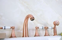 antique red copper brass three levers handles deck mounted 5 holes bathroom tub faucet mixer tap with handshower mtf208
