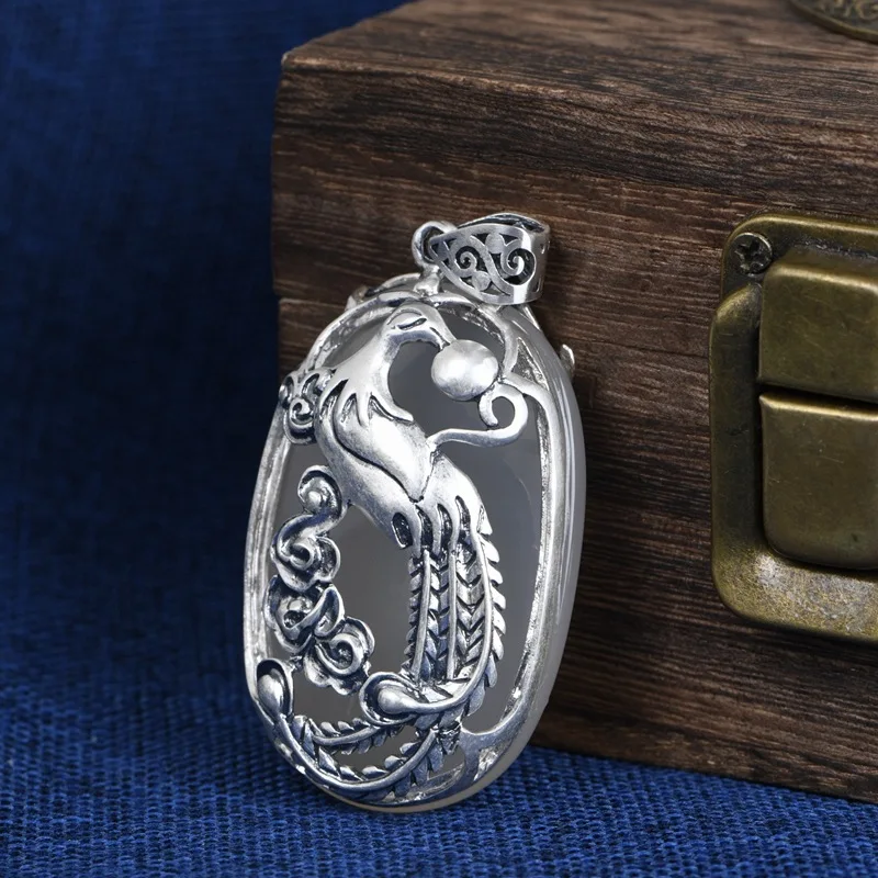 

FNJ 925 Silver Peacock Pendant Original Pure S925 Sterling Silver Pendants for Jewelry Making Women White Chalcedony Animal