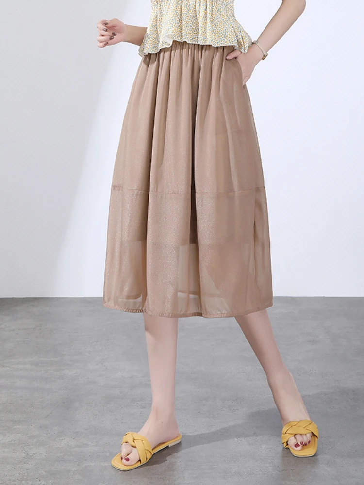 

Vintage Elegant Elastic High Waist Solid Color Mid-long Women Skirt 2022 Summer Ladies Loose Casual Thin A-line Skirts 4XL 2223