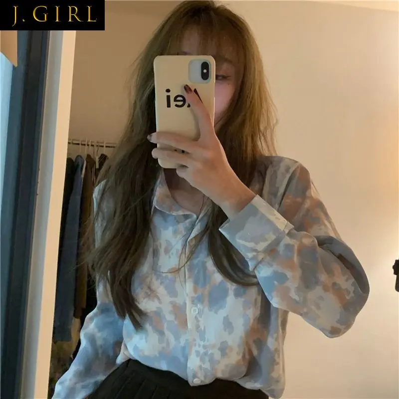 

Tie Dye Shirts Women Long Sleeve Design Spring Vintage College Stylish Femme Ins Soft Popular Loose Daily Single Breasted Blusas