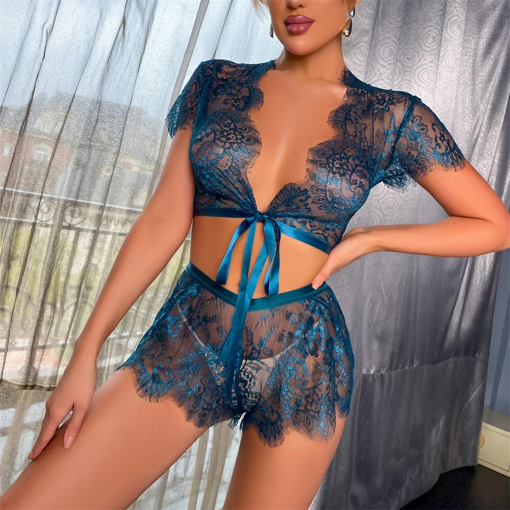 

Sexy Erotic Lingerie Set for Women Floral Lace Transparent Top with Short Skirt Lenceria Underwear Sets Female Sleepwear Suit