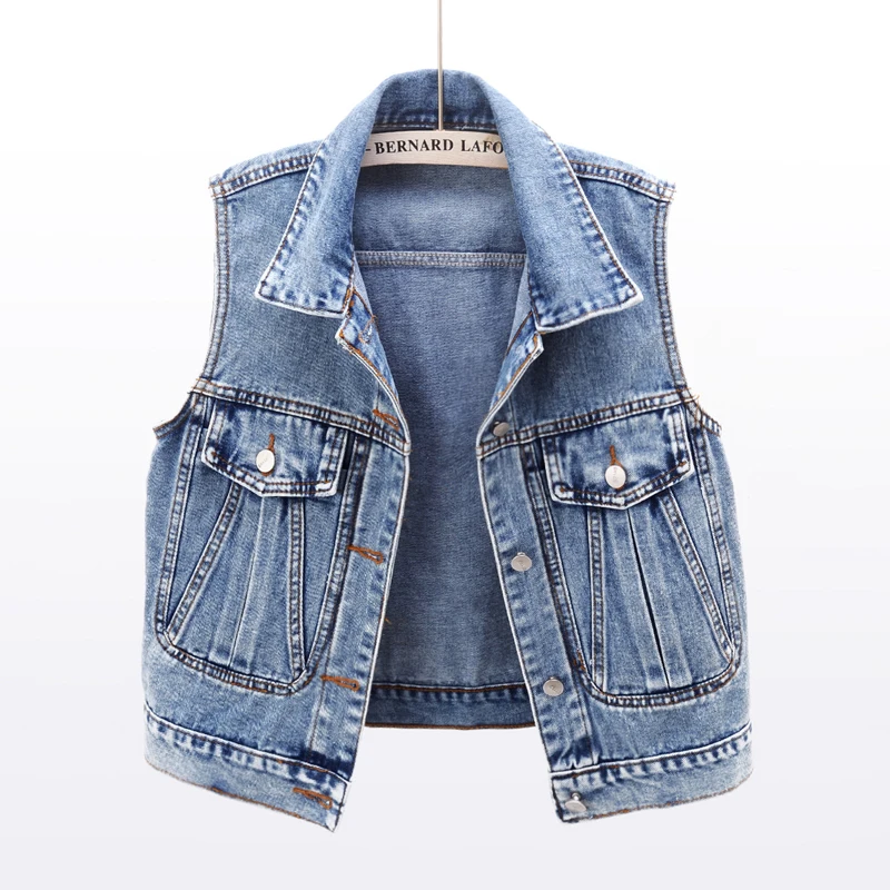 

Vintage Blue Big Pocket Denim Vest Women White Waistcoat Cowboy Sleeveless Jacket Autumn Korean Loose Short Jeans Vests Female