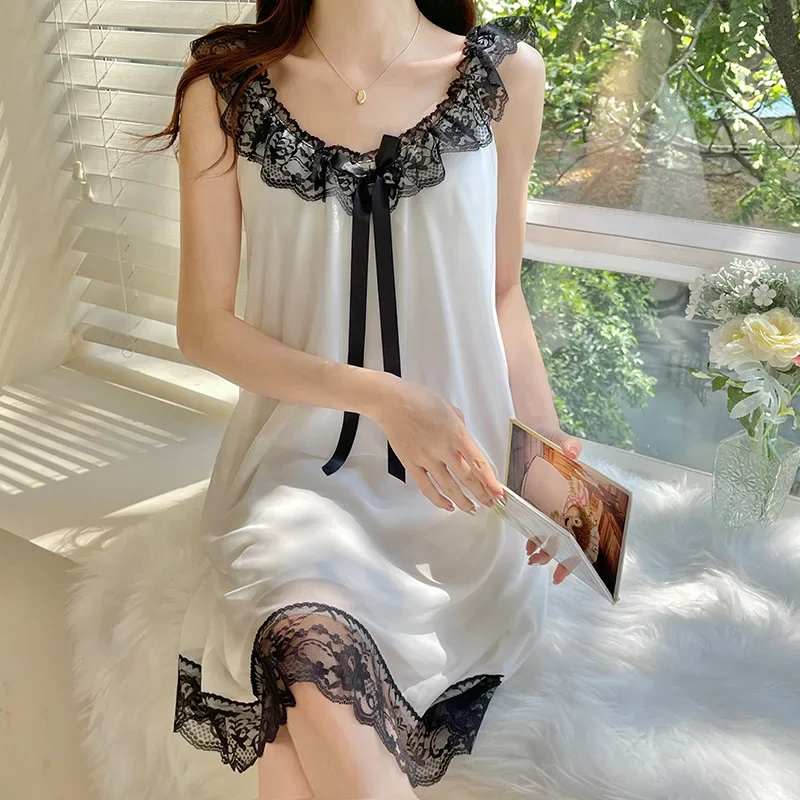 Пижама женская кружевная без рукавов пикантная ночная рубашка из чистого хлопка