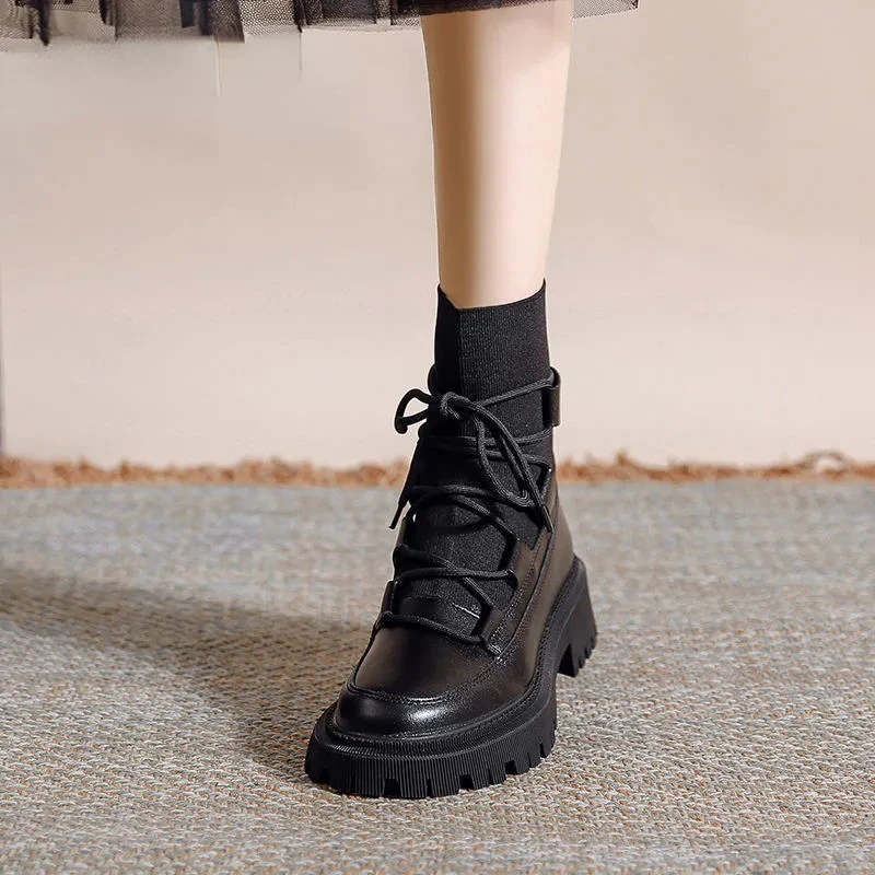 

Korean 2022 New Black Spring, Summer Autumn Women Platform Ankle Short Boots Chelsea Sock Ankle Lace-up Pipe Rubber Designer