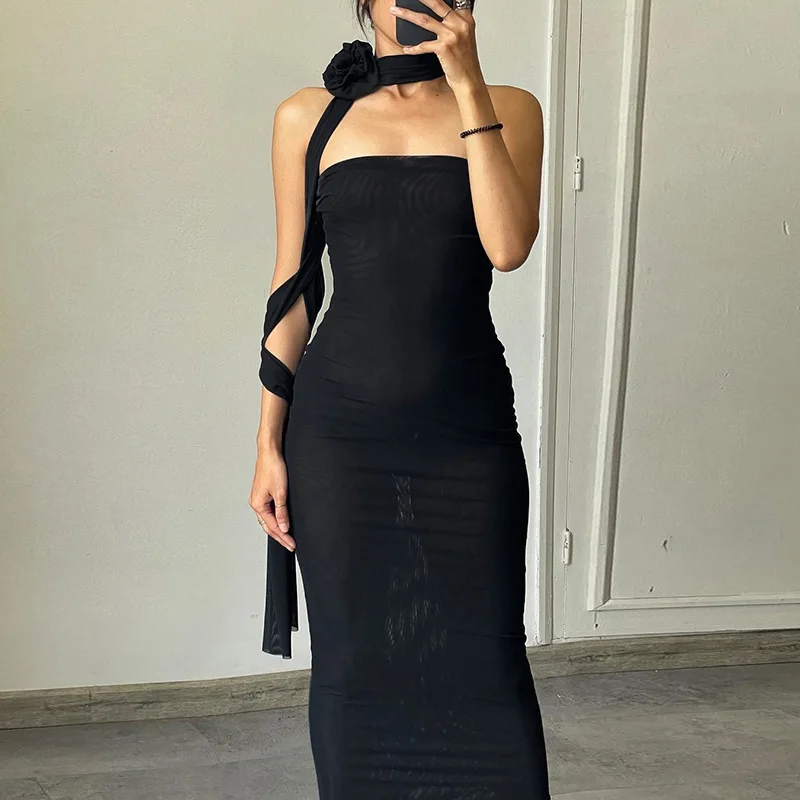 

2022 Summer Mesh Strapless Party Dress Women Black Sleeveless Midi Bodycon Dresses Elegant Sexy Club Fashion Outfist