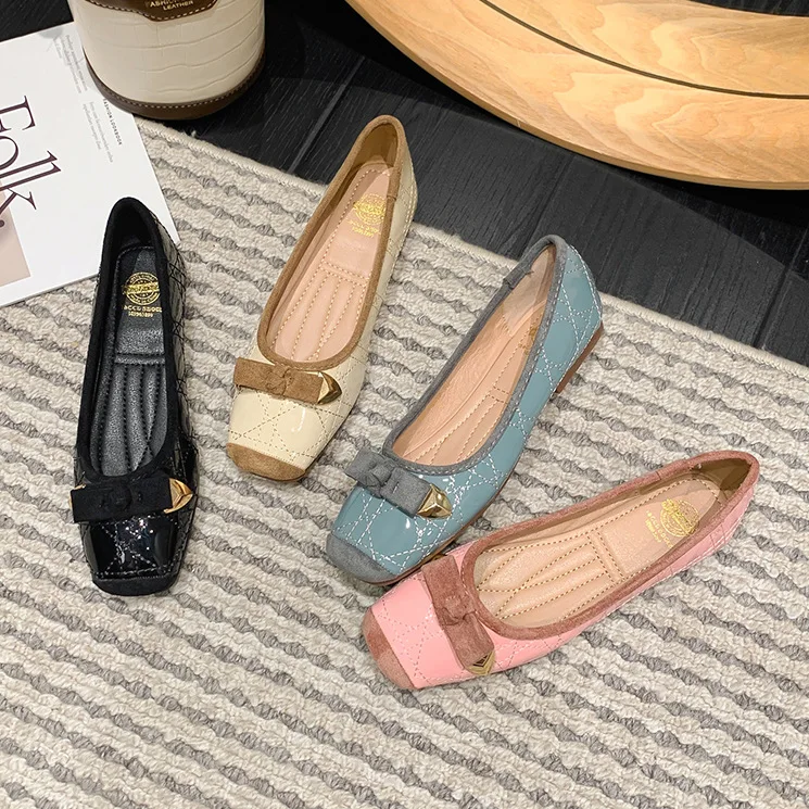 

Leather Women Solid Ballerina Flats Plus Size 35-41 Office Shoes Ladies Black Espadrilles Square Toe Bow-knot Moccasins