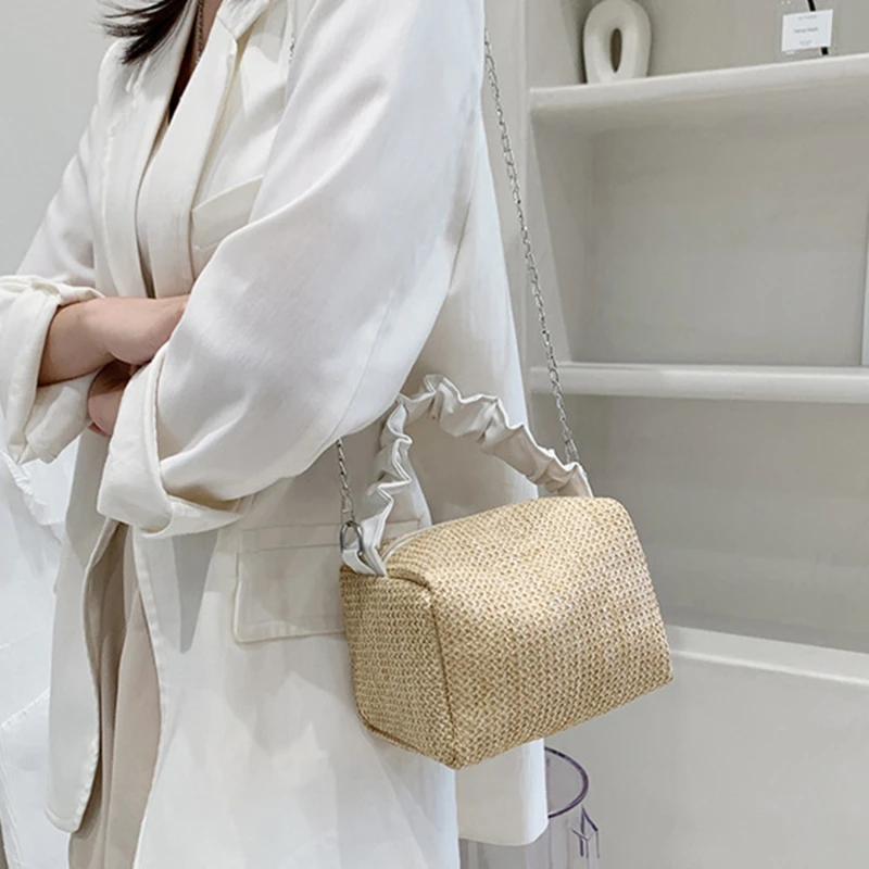 

Woven Bags Women Summer Zipper Patchwork Straw Flap Bag Cross Body Handle Mori-Girls Chain Big Capacity Beach Holiday Portable