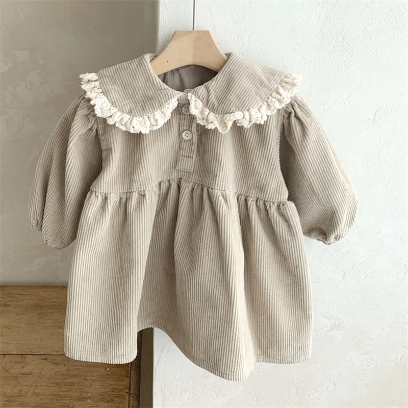 

Korean Baby Girl Dress 2022 Winter Spring New Lace Turn Down Collar Girl's Dress Corduroy Cute Fashion All Match Dress