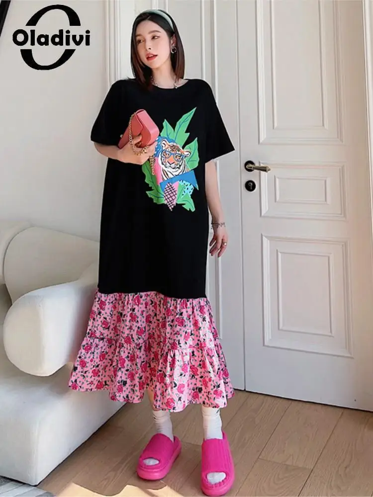 

Oladivi Fashion Rose Print Cotton Patchwork Dress Women Korean Summer 2022 Casual Loose Oversized Dresses Big Size Clothing 6869