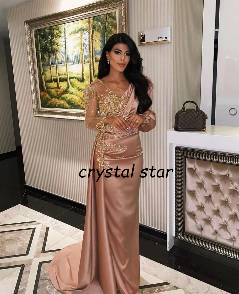 

Mermaid Satin Evening Dresses Gowns 2022 Long Sleeve V-Neck Beaded Dubai Formal Dresses Elegant Beaded For Women Party