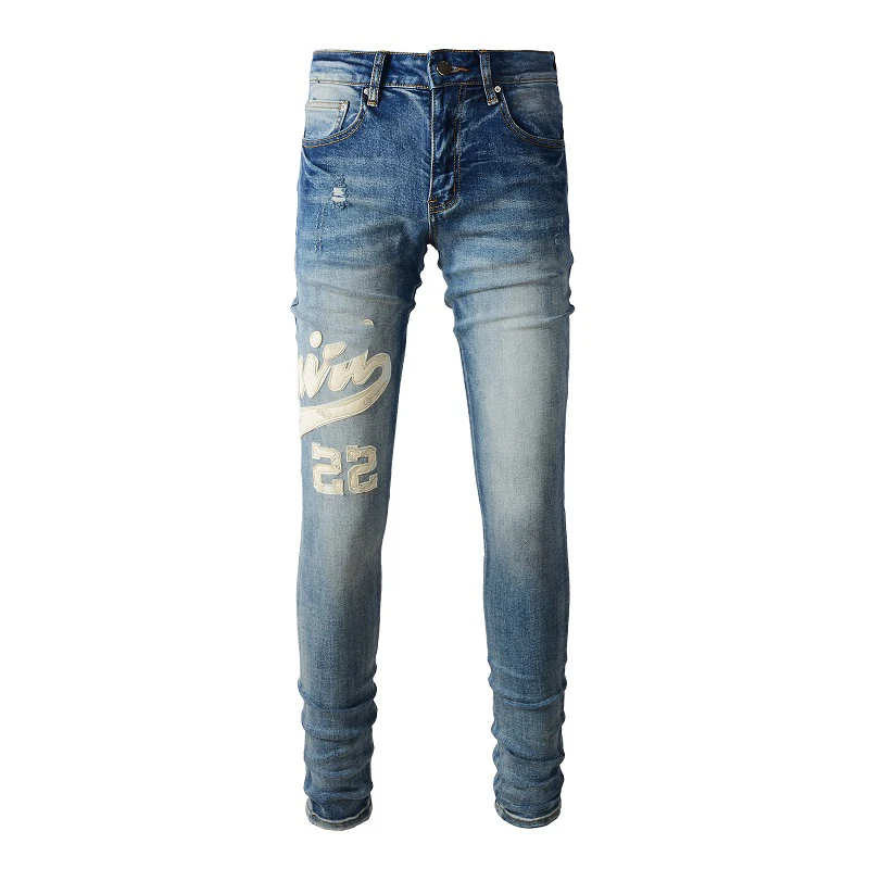 

New Arrivals Blue Distressed Streetwear Slim Fit Leather Letter Pattern Embroidered Patch Blank Skinny Stretch Ripped Jeans