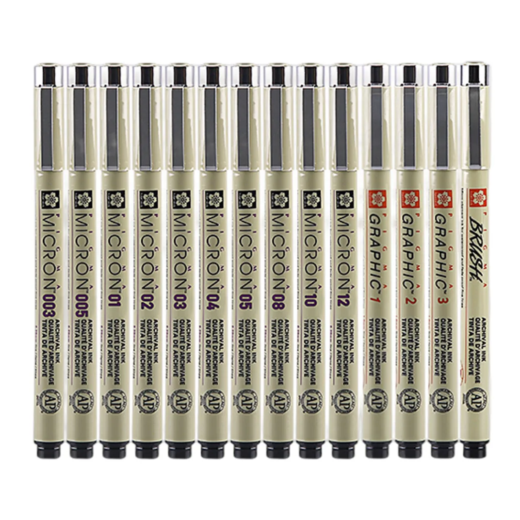 1xSAKURA Pigma Micron Black Ink Multi-tip 003/005/01/02/03/04/05/08/1.0/2.0/3.0/10/12 Brush Perfect for Precise Point Line
