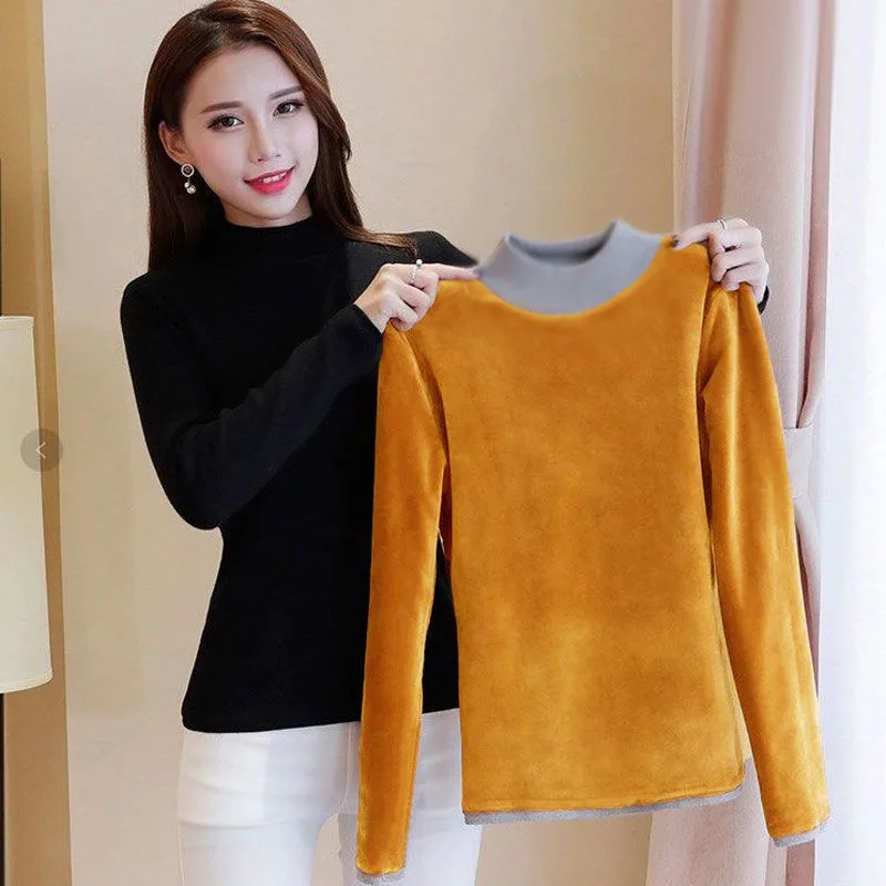

Autumn Winter One-Piece Velvet Interior for Women Tight Fitting Thickened Top Pullover Fever Warm Underwear Women Clothing