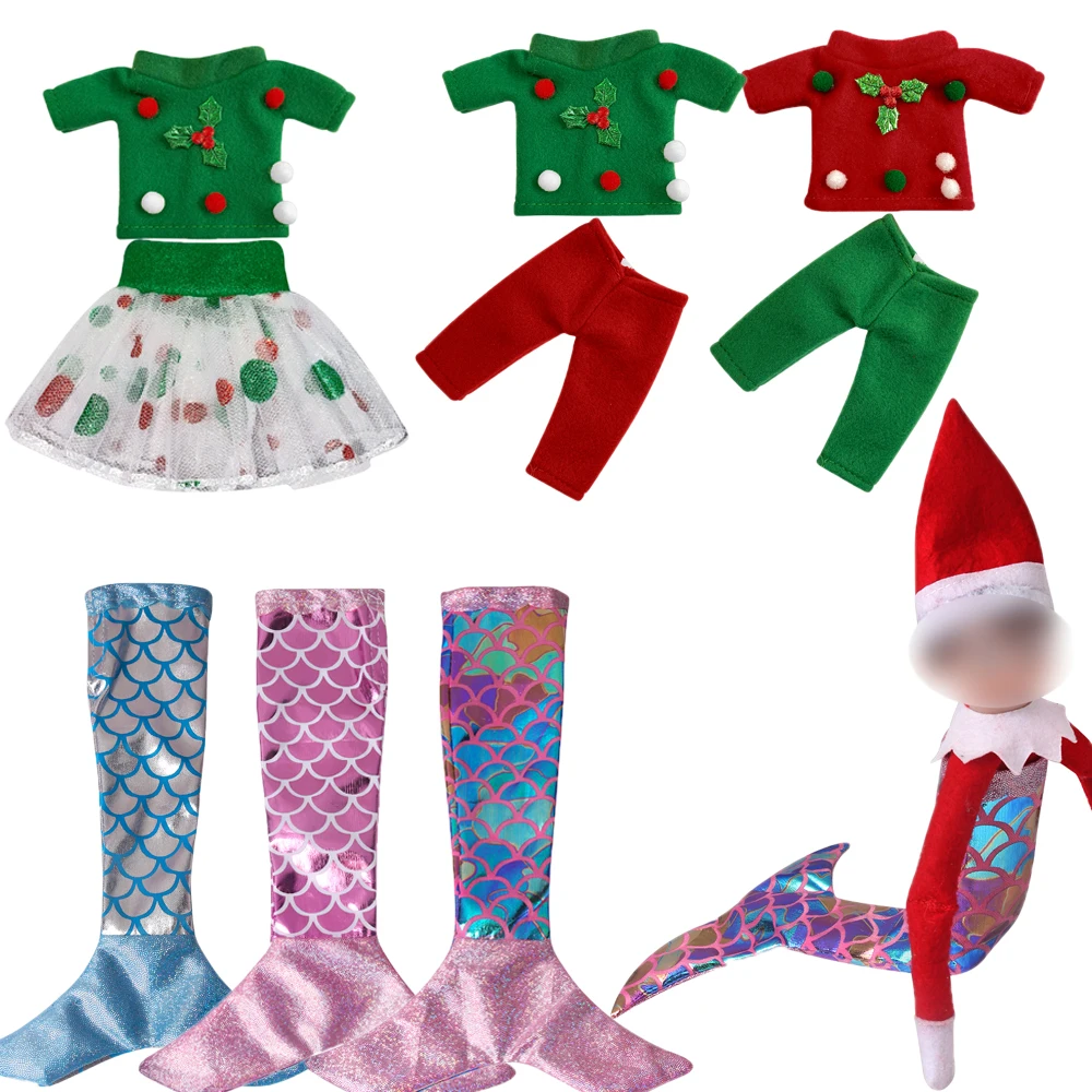 Christmas Elf Doll Dress Mermaid Santa Shirt Green Skirt Set Toy Children Accessories Gift (Clothes Only)