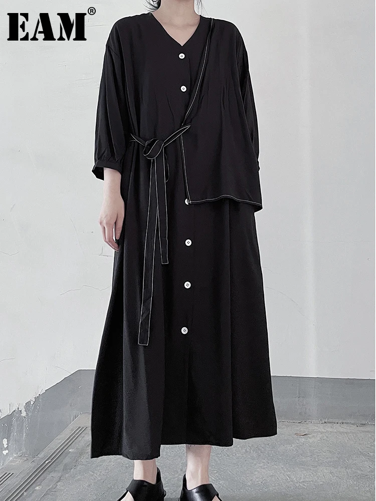 

Женское асимметричное Повседневное платье EAM, черное Свободное платье с круглым вырезом и длинными рукавами, весна-осень 2023, 1DF5899