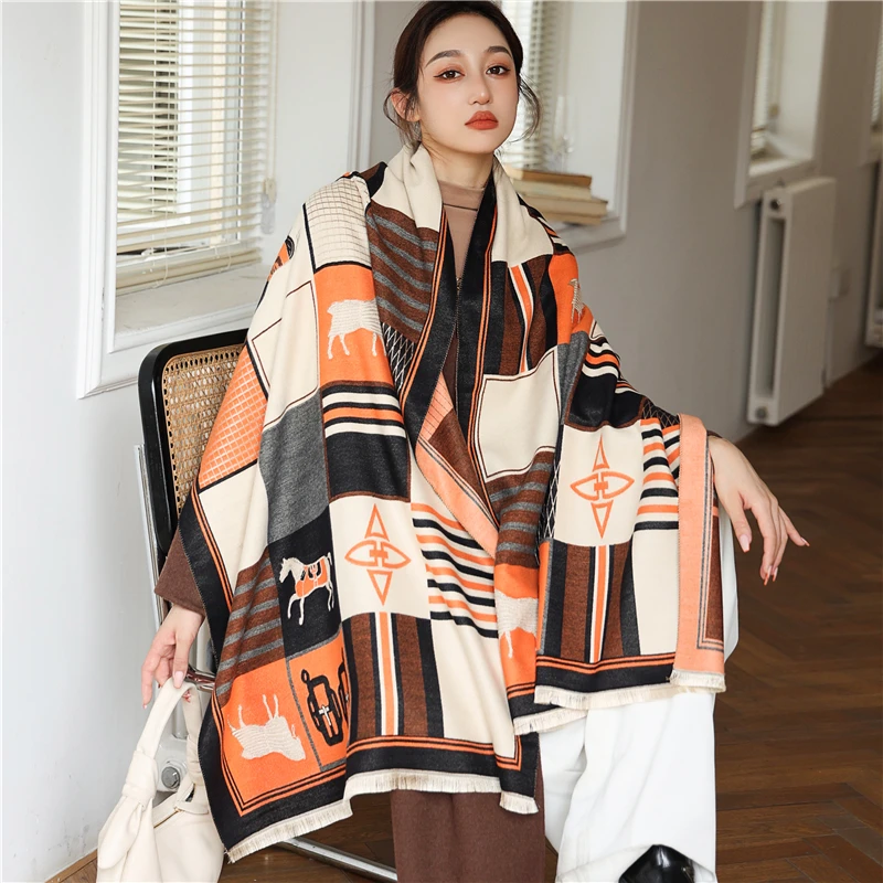 

2022 Designer Thick Warm Scarf Shawl Women Luxury Print Cashmere Pashmina Winter Blanket Hijab Bufanda Headkerchief Echarpe