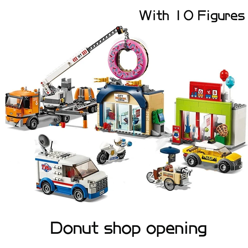 

848pcs City Series Donut Shop Opening Building Blocks Boom Truck Crane News Cart Motorcycle Vehicle Bricks Toys For Boy Gifts