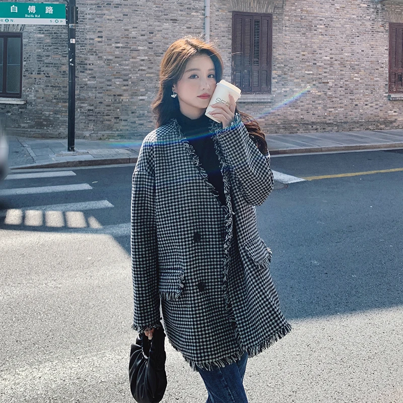 Изящное пальто из твида Женское шерстяное средней длины в Корейском стиле