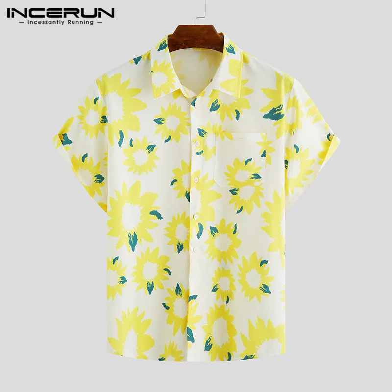 

INCERUN 2023 Summer Men Hawaiian Shirt Floral Print Streetwear Loose Lapel Casual Blouse Short Sleeve Vacation Camisa Plus Size