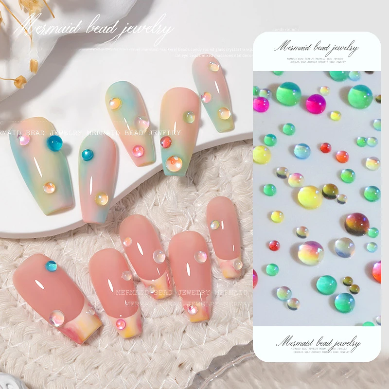 

1 коробка, круглые стеклянные хрустальные бусины в форме русалки, искусственные ногти разных размеров, пузырьковые дизайнерские 3D наклейки с плоской задней стороной, блестящие аксессуары для дизайна ногтей