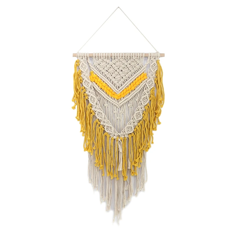 

Macrame Wall Hanging Beige and Yellow Woven Tapestry with Tassel Boho Chic Wall Art Bedroom Living Room Backdrop Decor