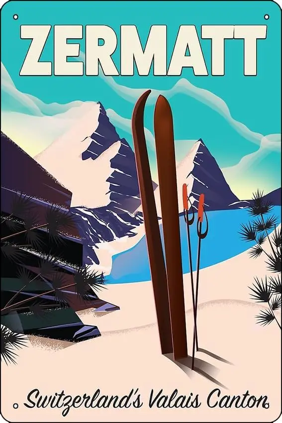 Zermatt плакат &quotлыжи&quot металлическая печатная жестяная вывеска 12X8 дюймов
