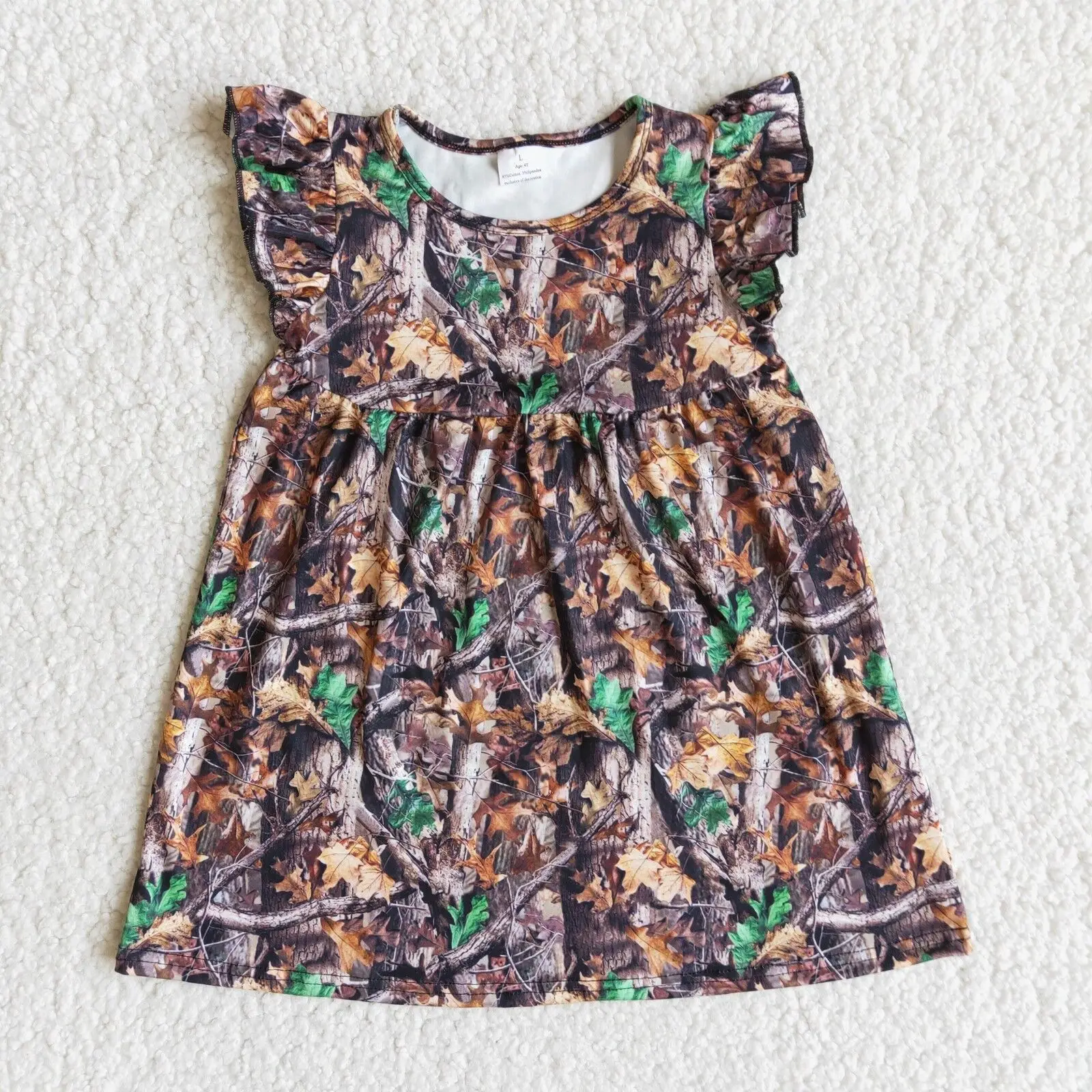 

RTS Boutique Baby Girls Green Leaf Flutter Sleeve Knee Length Camo Kids Dress Children Clothes
