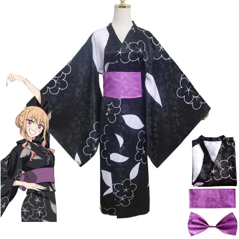 

Anime Movie My Dress-Up Darling Cosplay Kitagawa Marin Women Kimono Dress Uniform Suit Cummerbund Bowknot Halloween Costume Gift