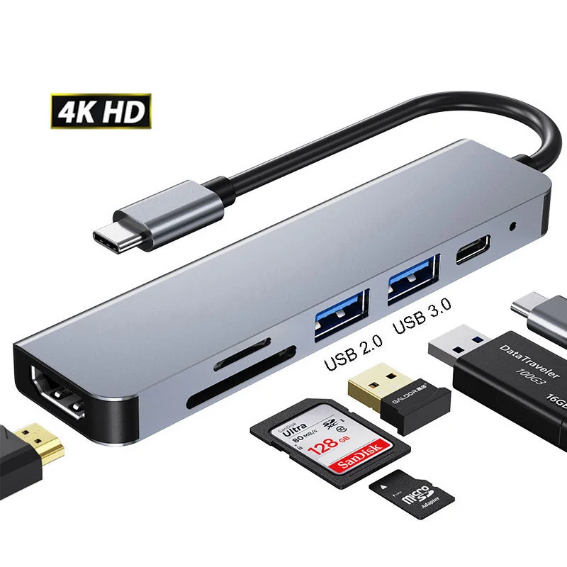 

6 в 1 USB C Hub к HDMI-совместимый Rj45 VGA адаптер OTG Thunderbolt 3 Dock с PD TF SD jack3.5 мм для Macbook Pro/Air M1 M2