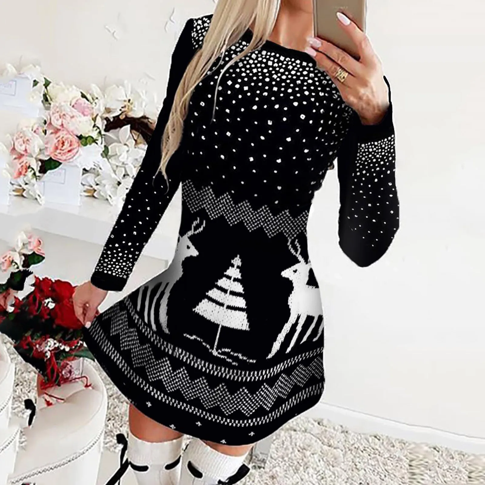 

Women Christmas Striped Snowman Print Mixed Dress Long Sleeve Dress Women Ribbed Sophisticated Dress One Piece Korean Autumn Boh