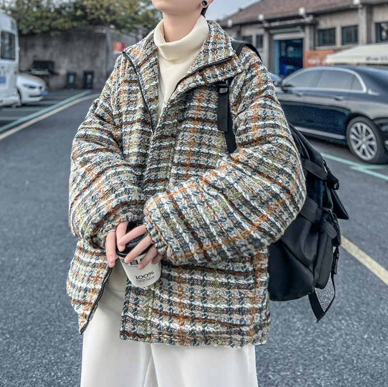 Winter Jacket Men Warm Fashion Oversize Retro Thick Plaid Jacket Men Streetwear Korean Loose Thicken Short Coat Mens Clothes