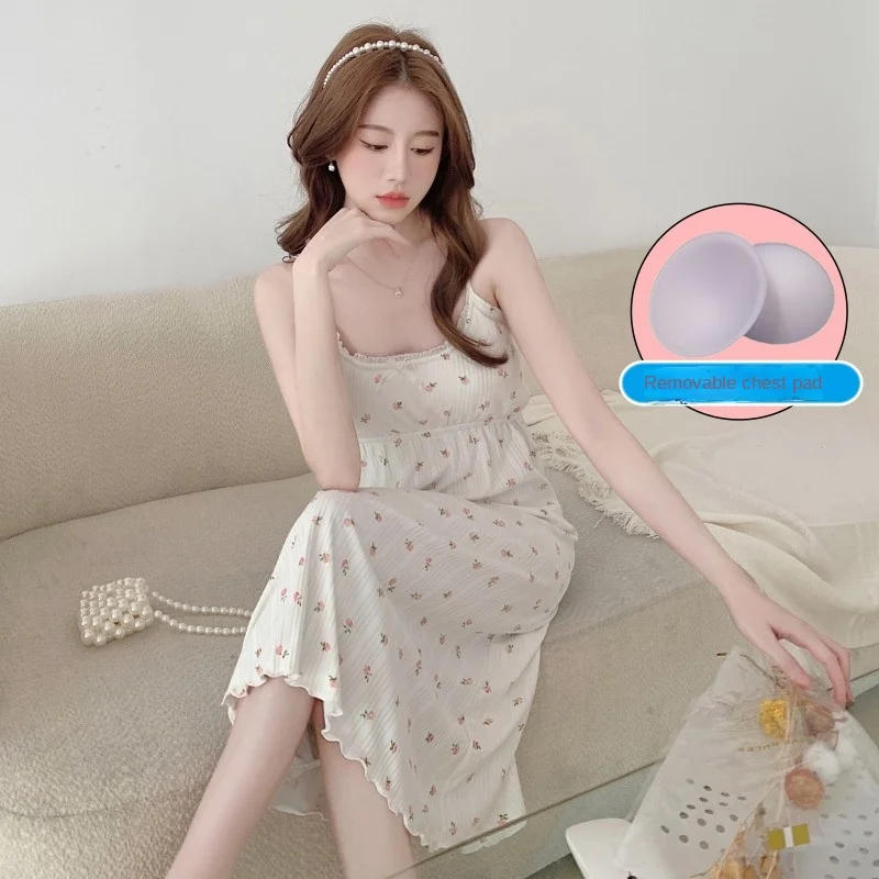 

Sexy Printed Girls Korean-style Sweet Casual Chest Loose Pad Sleeveless Nightgowns Girl Women Dress Sleep-shirts With Fashion