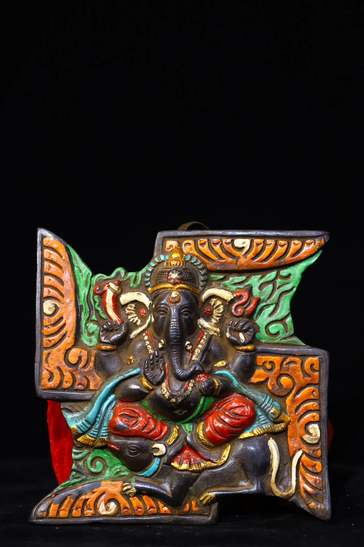 

6" Tibetan Temple Collection Bronze draw color swastika Elephant Trunk God of Wealth Ganesha Amulet pendant Town house Exorcism