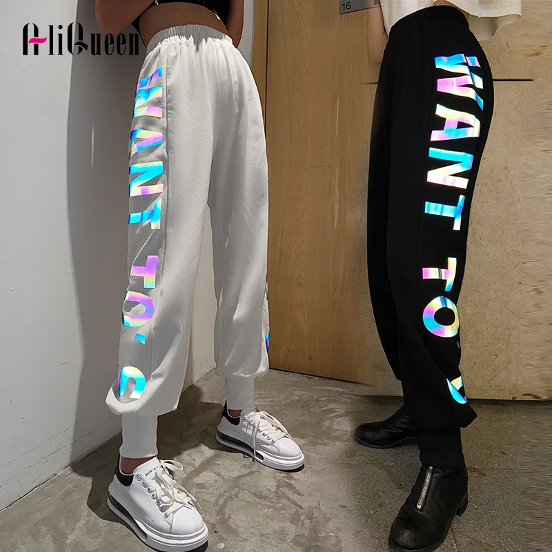 

Брюки спортивные женские с завышенной талией, уличная одежда, свободные Светоотражающие повседневные штаны с надписью, драпированные длинные брюки в стиле хип-хоп, на лето