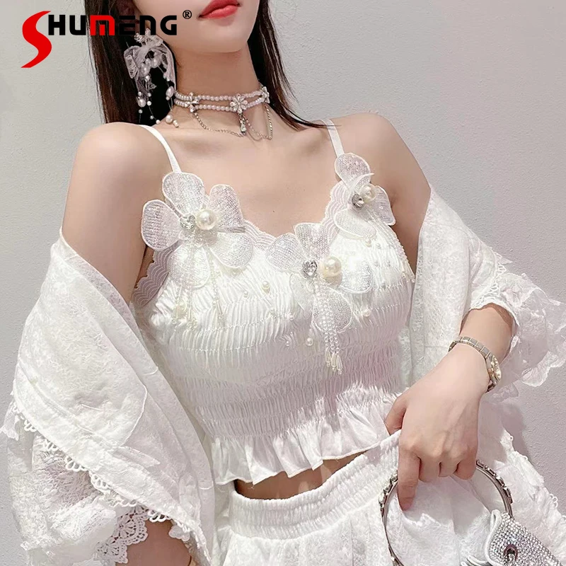 

Лето 2022, новая женская мода, милые бусины, блестящие цветы, красивые женские феи на бретельках с красивой спинкой, однотонная анти-экспозици...